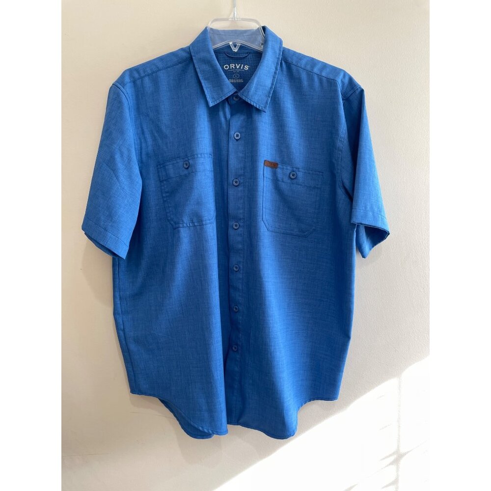 Orvis Classic Collection Button Down Shirt Mens L Blue Short Sleeve Breathable